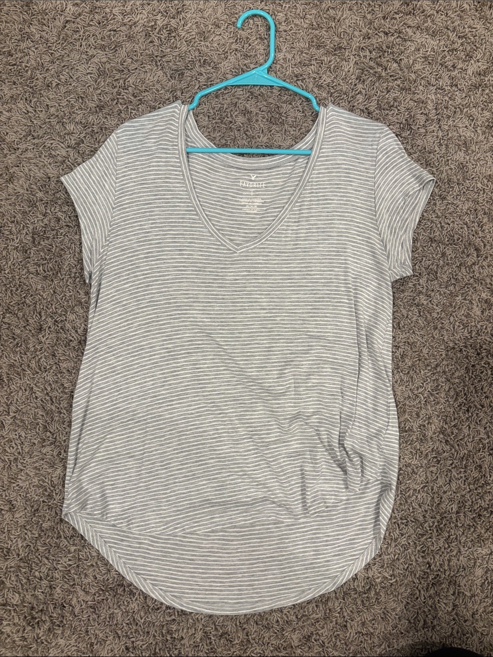 American Eagle Outfitters Gray & White Striped V-Neck Short Sleeve Top
